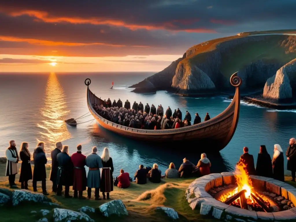 Funeral vikingo en acantilado: barco ardiente al atardecer Ceremonia de funeral vikingo en un acantilado al atardecer