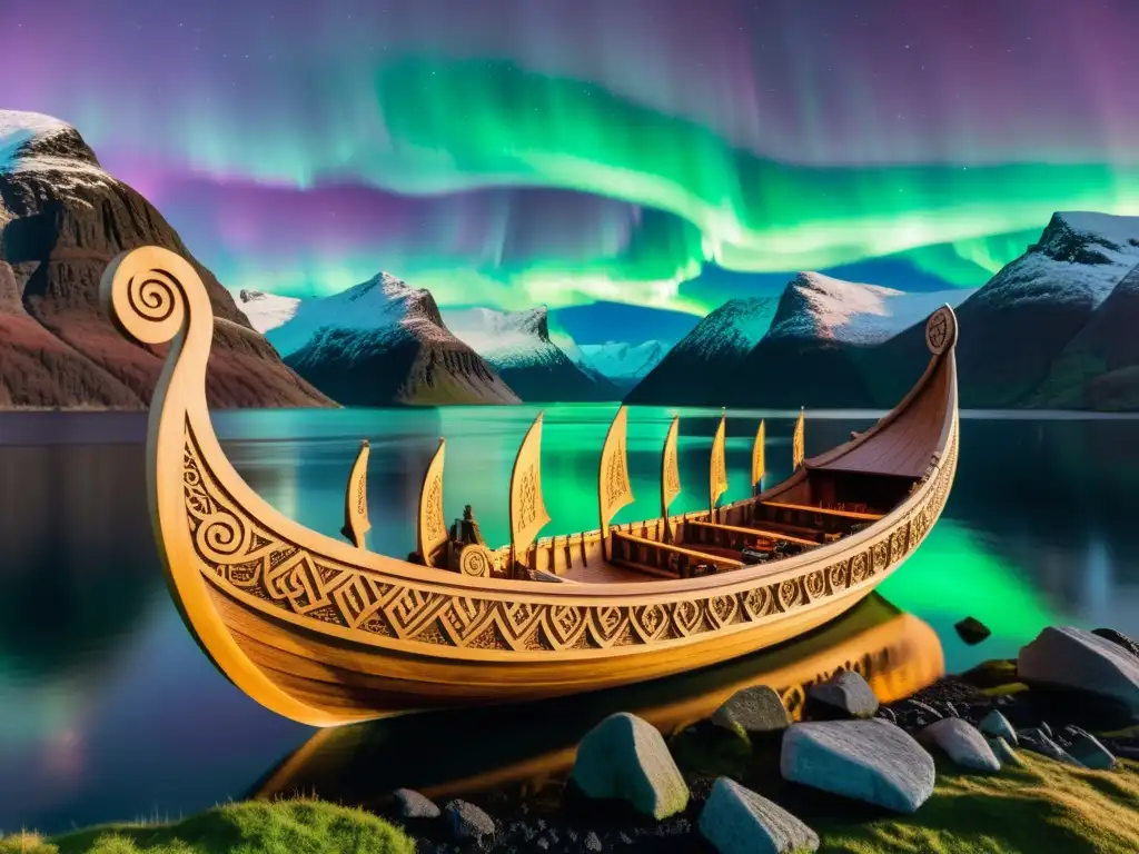 Ceremonia funeraria vikinga con música, poesía y símbolos nórdicos en un fiordo bajo la aurora boreal