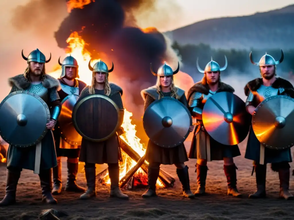 Ceremonia de iniciación de guerreros vikingos alrededor de una fogata, con un aura de intensidad