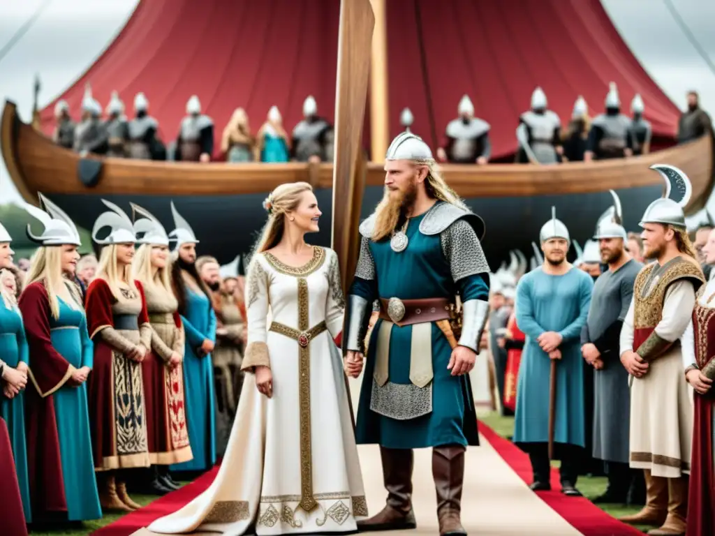 Matrimonio vikingo: fusión de clanes en ceremonia épica Una ceremonia de matrimonio vikinga entre jefe y noble rival, fusionando clanes en un poderoso enlace político en la era vikinga
