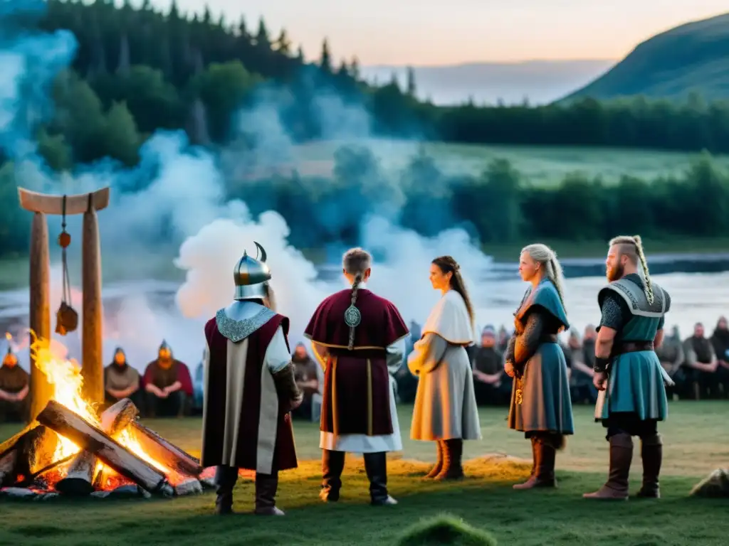 Ceremonia de mayoría de edad vikinga en un claro del bosque con runas antiguas y fogata, donde un joven se prepara para el rito