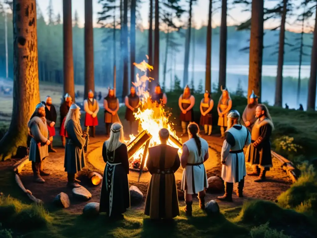 Ceremonia neopagana nórdica en un bosque, con individuos vestidos de Vikingo alrededor de una fogata, en un baile ritual