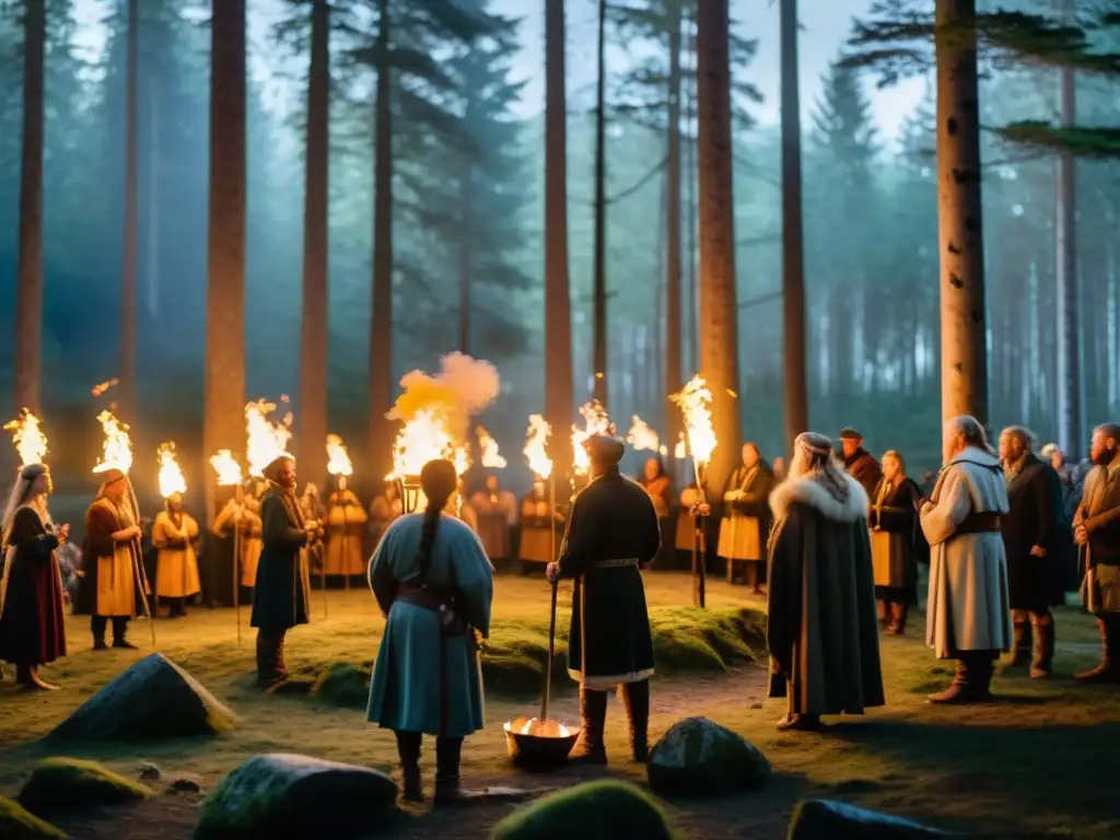 Ceremonia neopagana nórdica en un bosque sagrado: comunidad creciente conectada con la naturaleza en ritual ancestral