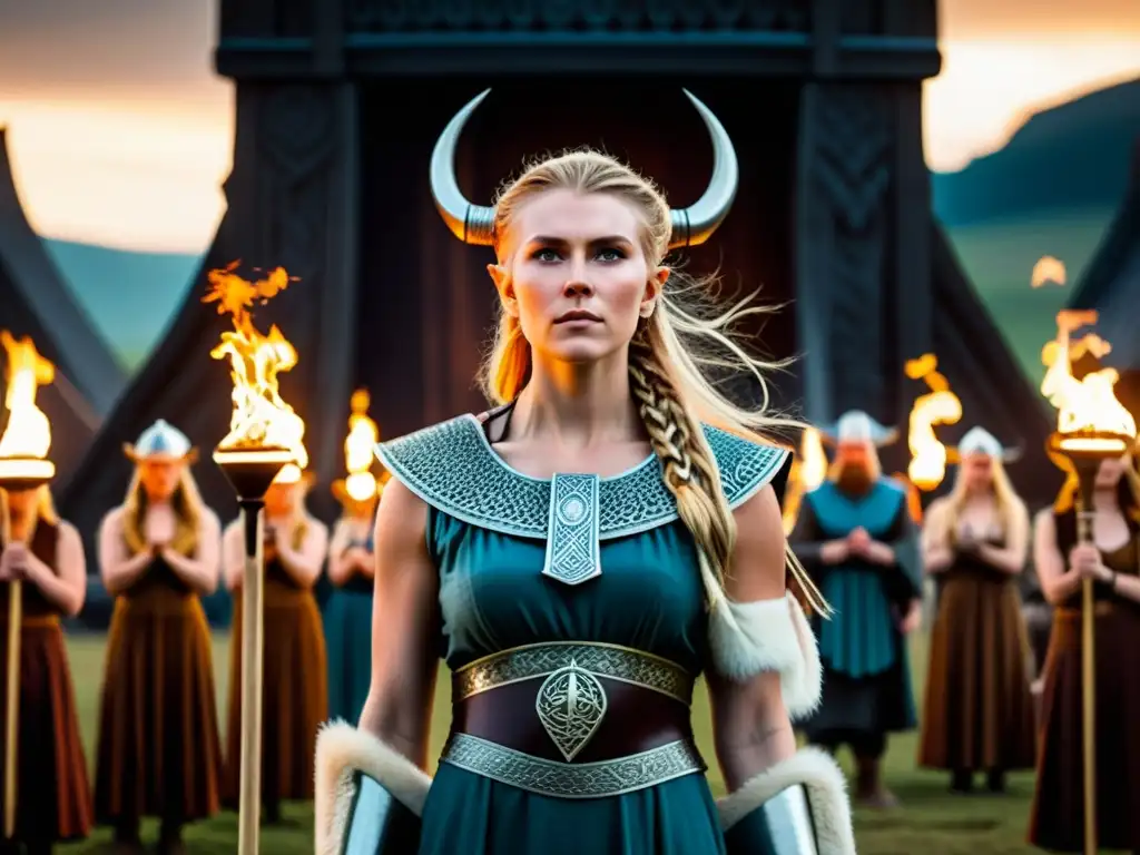 Ceremonia religiosa de mujeres vikingas en templo nórdico, reflejando el papel de la mujer vikinga