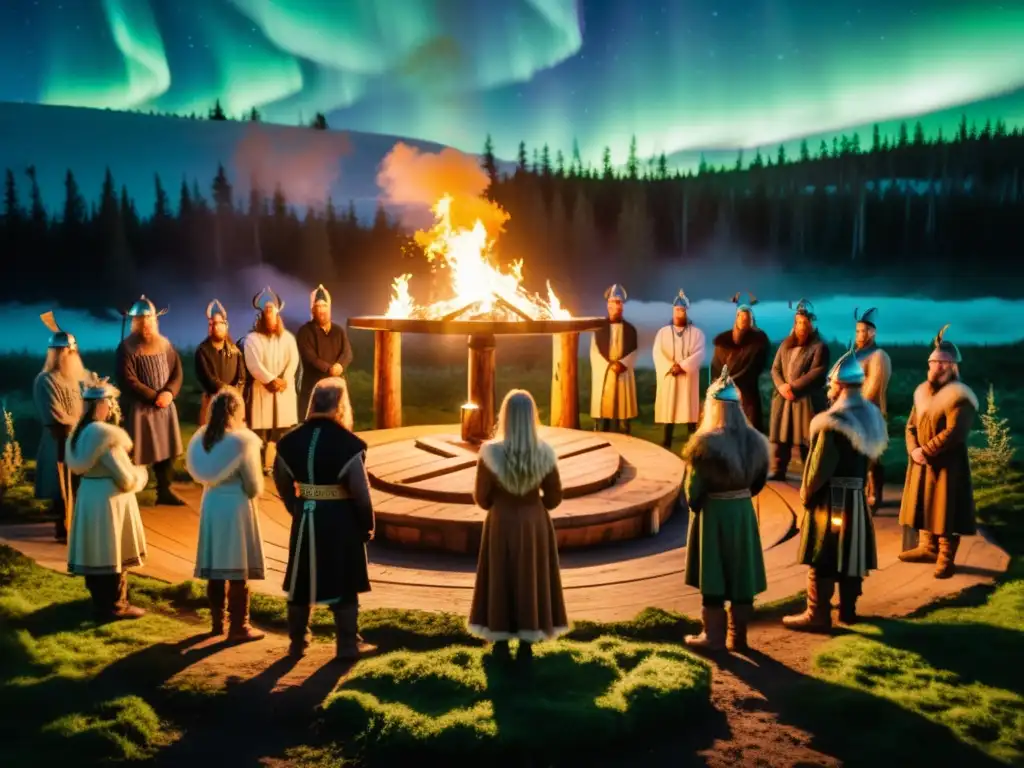 Una ceremonia religiosa vikinga en un bosque místico iluminado por la aurora boreal