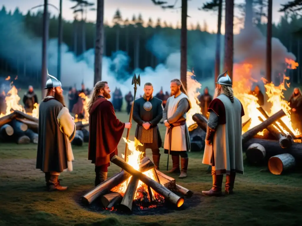 Ceremonia vikinga actual en el bosque: participantes con antorchas alrededor de una hoguera