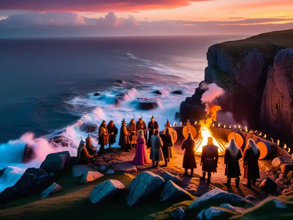 Ceremonia vikinga al atardecer en acantilado costero con participantes en atuendos tradicionales y antorchas encendidas, ambiente místico