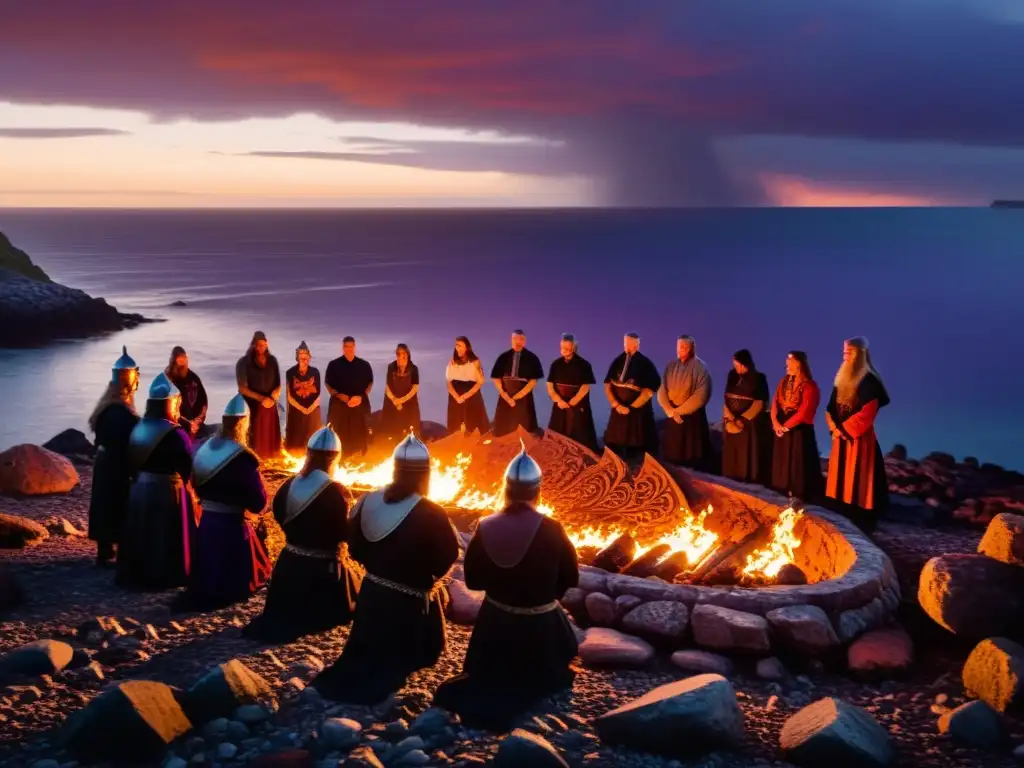 Ceremonia vikinga al atardecer: barco en llamas, guerreros y rituales ancestrales