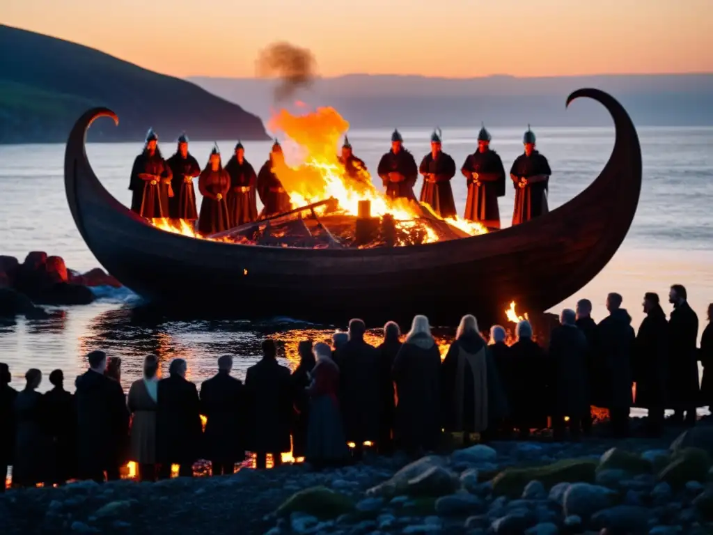 Una ceremonia vikinga al atardecer en una playa rocosa