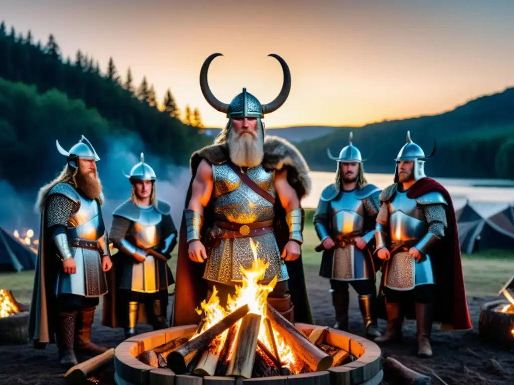 Ceremonia vikinga en el bosque: guerreros ofrecen a los dioses junto a una hoguera