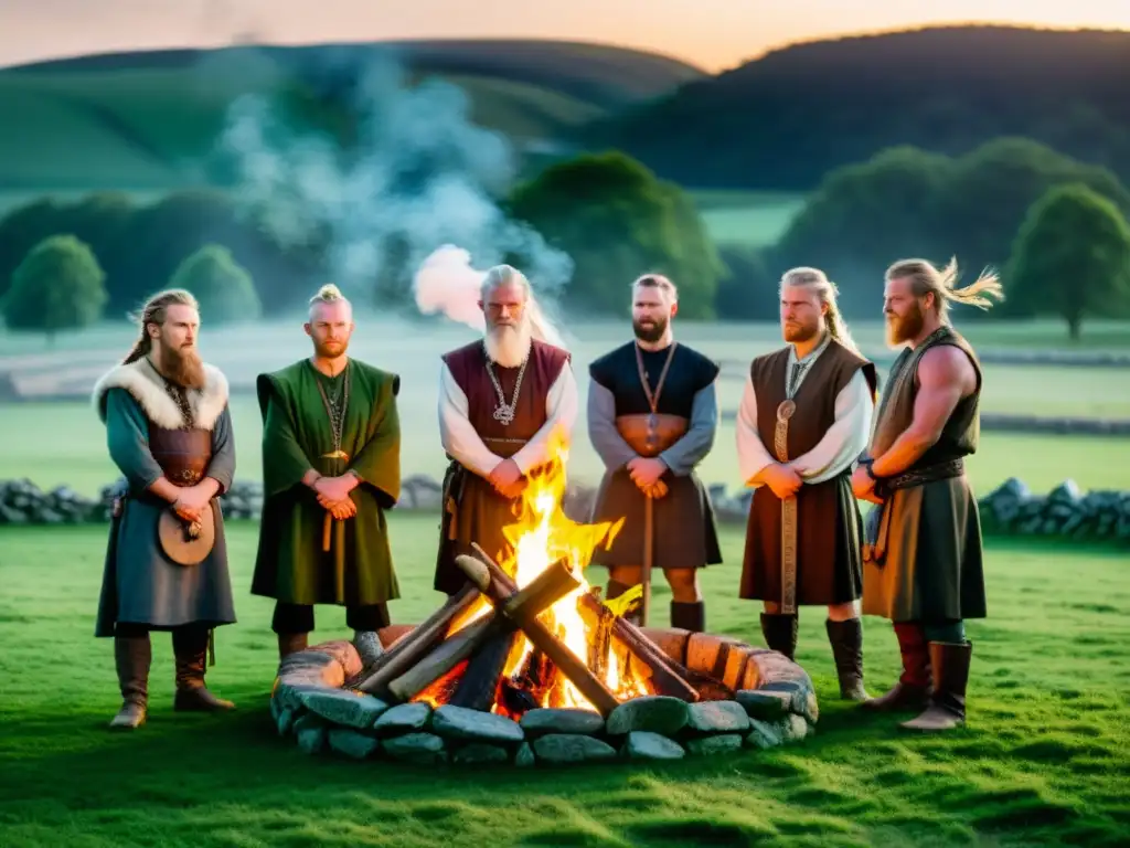 Ceremonia vikinga en campo verde con hoguera y runas iluminadas