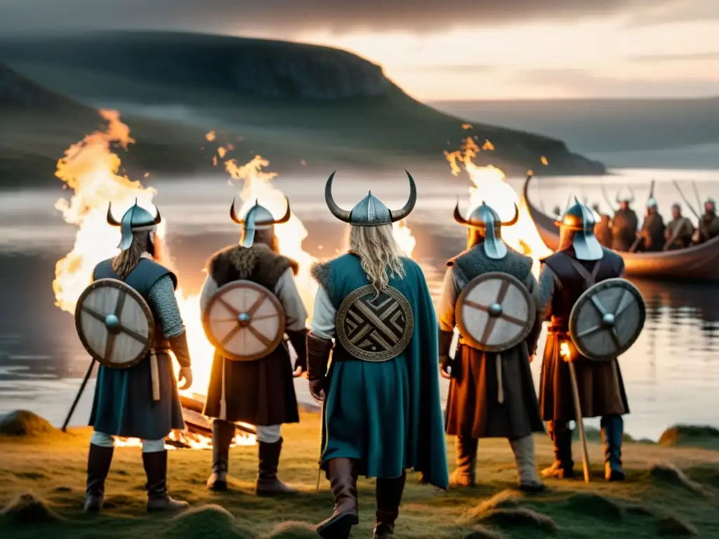 Ceremonia vikinga antes de conquista: grupo de vikingos con antorchas en un ritual misterioso