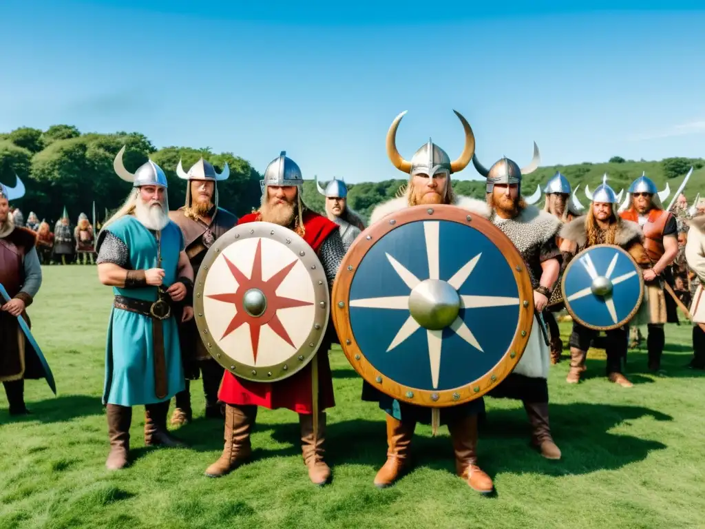 Ceremonia vikinga antes conquista: Reencuentro moderno en un prado verde bajo cielo azul, alrededor de un drakkar decorado