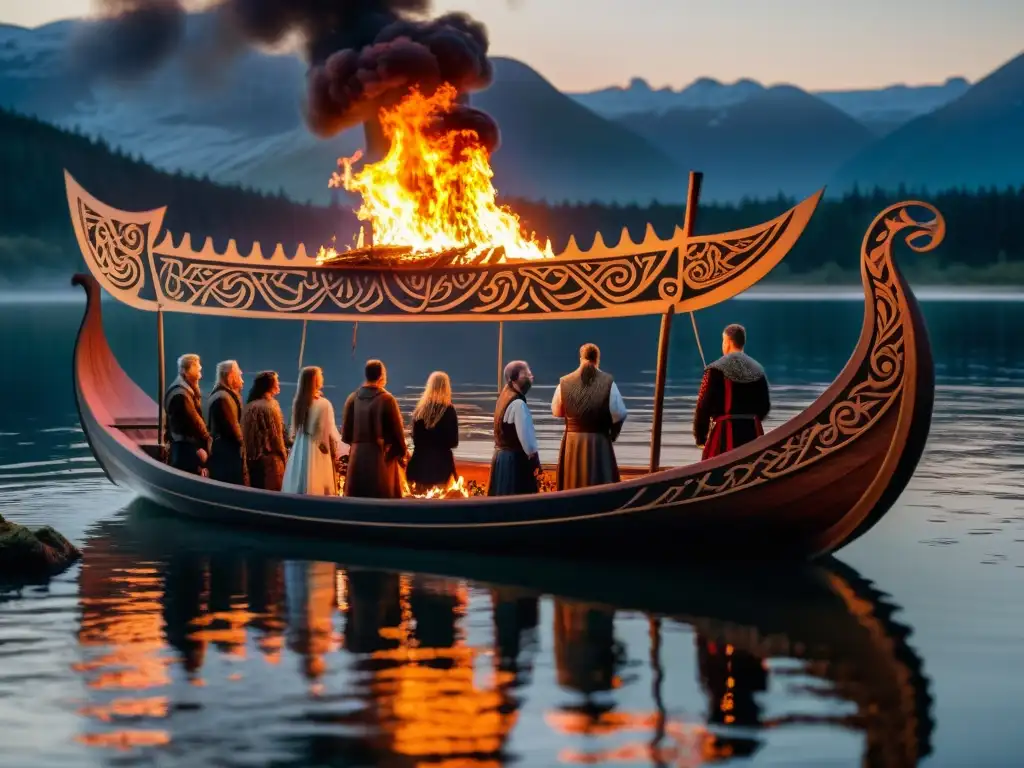 Ceremonia vikinga contemporánea en un lago al atardecer, con un barco en llamas y vestimenta tradicional