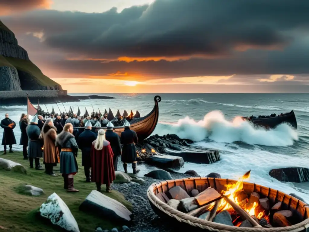 Ceremonia vikinga en la costa rocosa: un barco en llamas, dolientes nórdicos y un cielo dramático