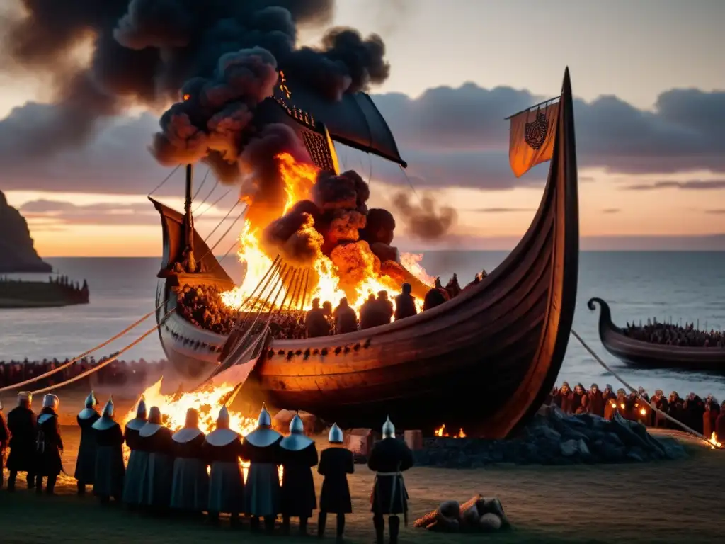 Ceremonia vikinga de funeral con barco en llamas y siluetas sombrías: impactante representación de ceremonias funerarias vikingas música poesía