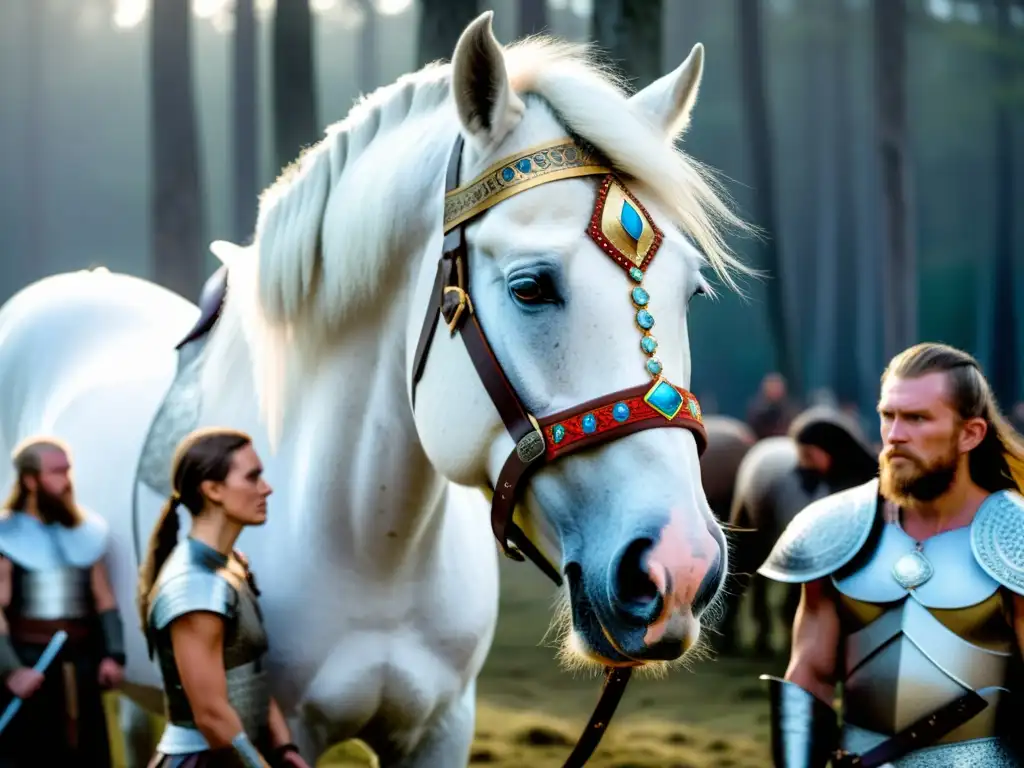 Ceremonia vikinga: guerreros rodean un majestuoso caballo blanco con patrones grabados