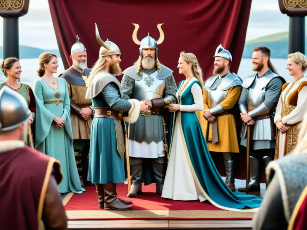 Boda vikinga: juramentos en un escenario grandioso En una ceremonia vikinga, un jefe y una noble intercambian votos en un escenario grandioso