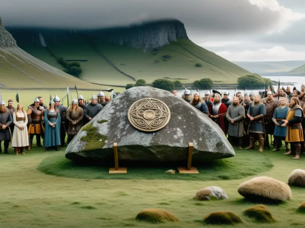 Ceremonia del Thing en la Era Vikinga: Reunión comunitaria en prado con vestimenta y armas vikingas, ambiente dramático