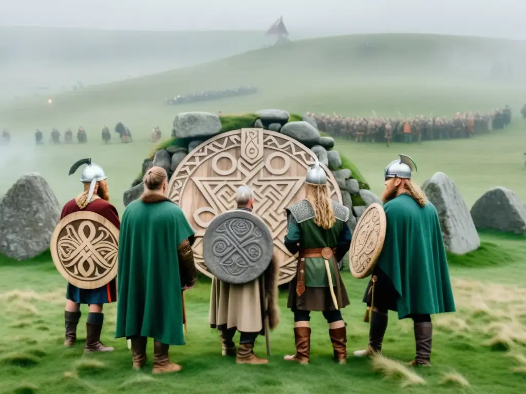 Una ceremonia vikinga con runas y misticismo en un campo verde con montañas nórdicas al fondo