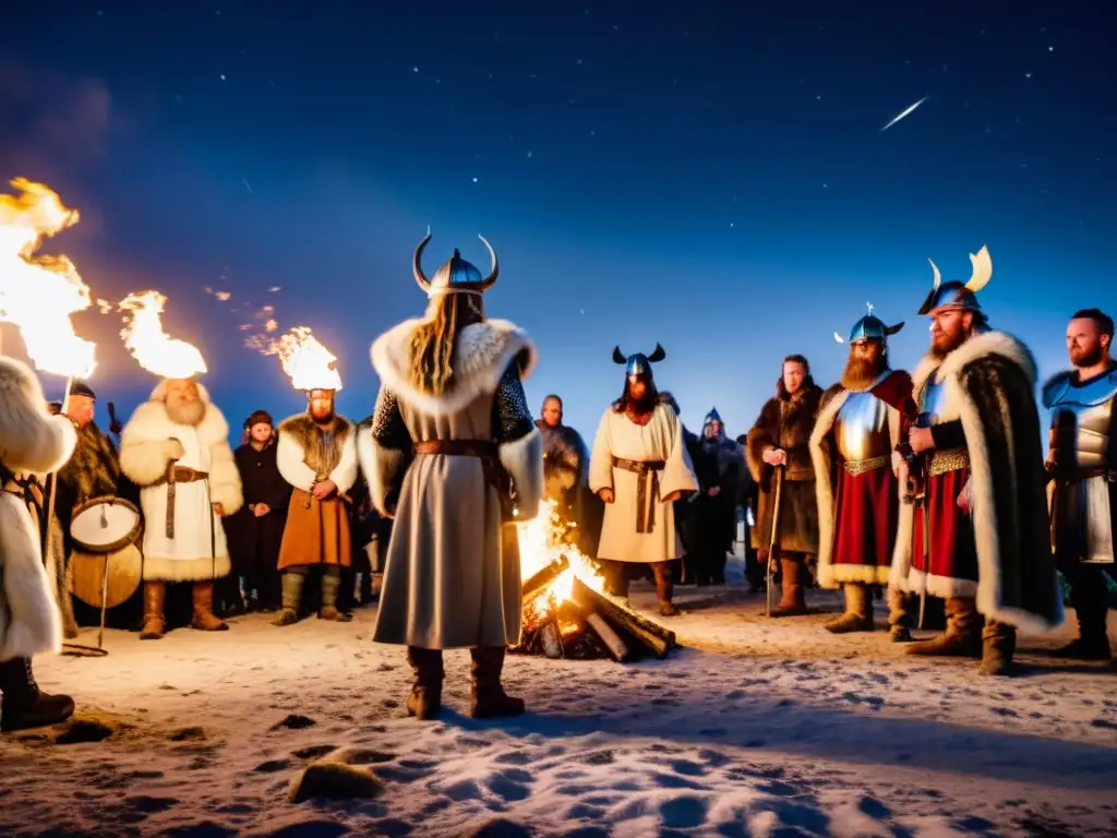 Ceremonia vikinga con vestimenta y danzas alrededor de una fogata bajo un cielo estrellado en la noche