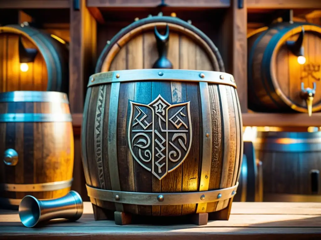 Barrel de cerveza casera estilo vikingo detalladamente tallado, rodeado de cuernos y ambiente vikingo acogedor