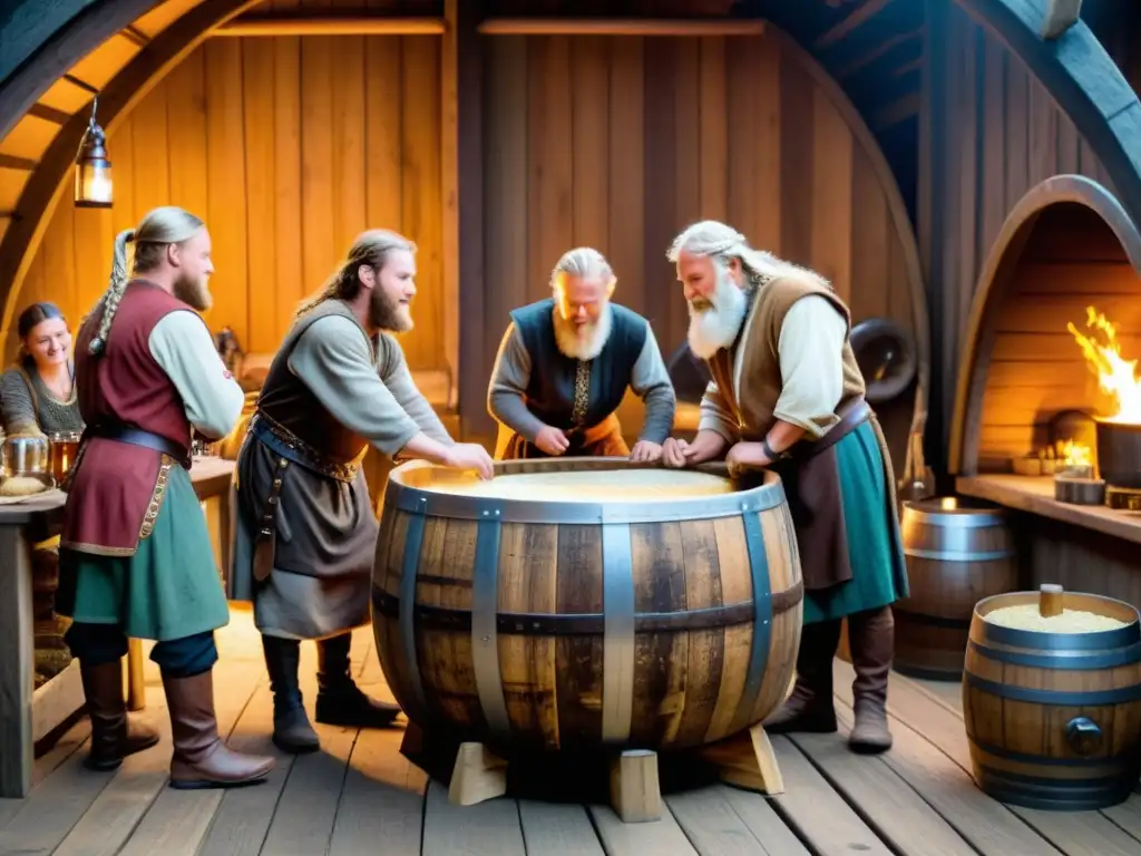 Cerveza en la cultura vikinga: Detalle de vikingos elaborando cerveza en una gran barrica en una casa vikinga rústica