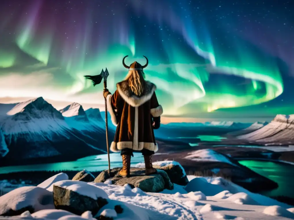 Un chamán vikingo en un acantilado rocoso con la aurora boreal, rodeado de animales espirituales