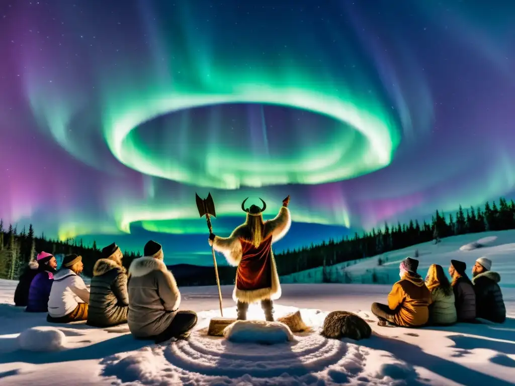 Un chamán vikingo realiza un ritual Seidr bajo las auroras boreales, rodeado de espectadores en un claro del bosque