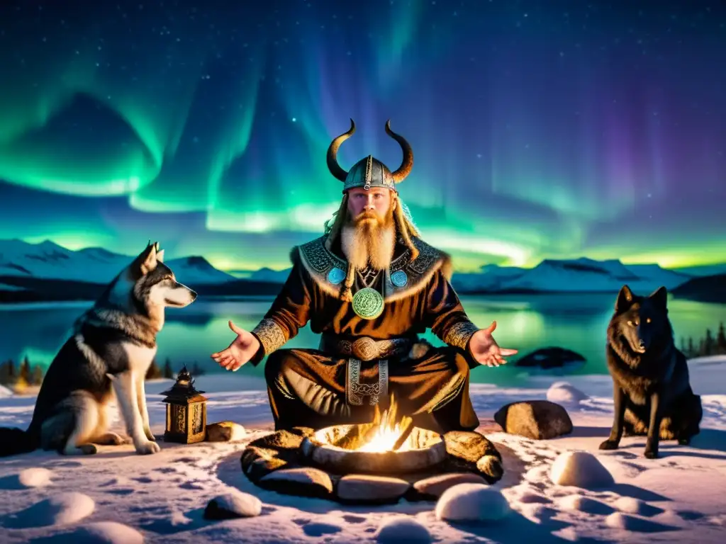 Un chamán vikingo realiza un ritual de seidr bajo las auroras boreales, rodeado de runas y símbolos místicos, junto a un lobo y un cuervo