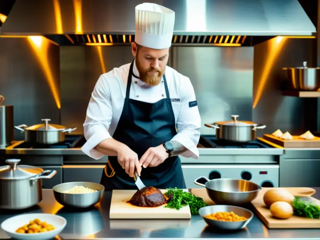 Chef vikingo preparando fusión gastronómica moderna Chef inspirado en la gastronomía vikinga prepara plato fusión en cocina moderna