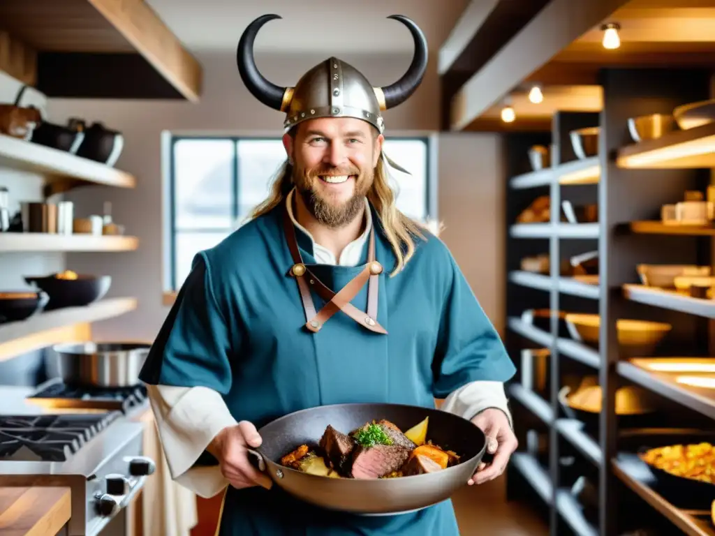 Un chef moderno con atuendo vikingo, preparando platos inspirados en guerreros