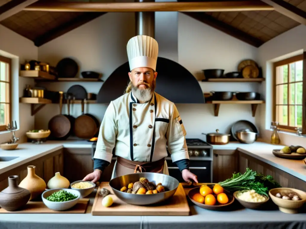 Un chef moderno recreando la dieta guerrera de la era vikinga en una cocina bulliciosa y llena de ingredientes antiguos