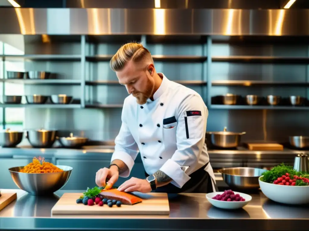 Un chef moderno preparando una fusión culinaria que une ingredientes vikingos con un toque contemporáneo