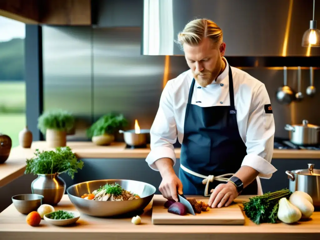 Un chef nórdico moderno prepara un plato vikingo en una cocina contemporánea, fusionando técnicas antiguas con equipamiento actual