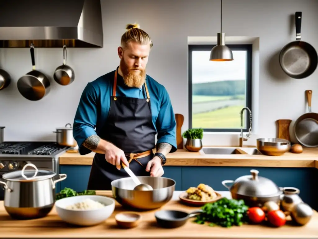 Un chef fusiona recetas de cocina vikinga adaptadas en una cocina moderna con decoración vikinga