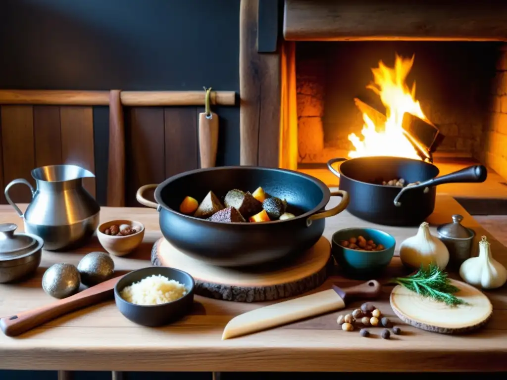 Un chef vikingo preparando una festín en una cocina estilo vikingo con utensilios de cocina vikingos, iluminada por el fuego