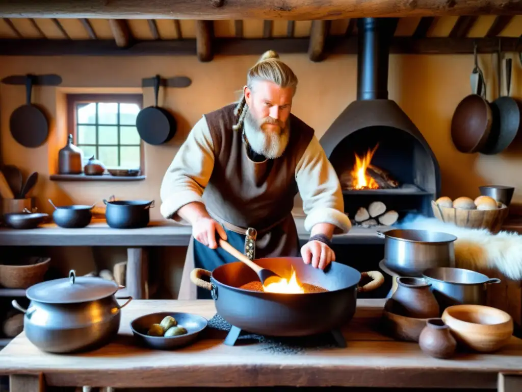 Un chef vikingo revuelve un guiso en una cocina rústica con utensilios de cocina vikingos auténticos