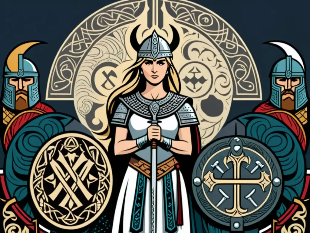 Una chieftain vikingo y una shieldmaiden intercambian votos bajo símbolos nórdicos, rodeados de guerreros