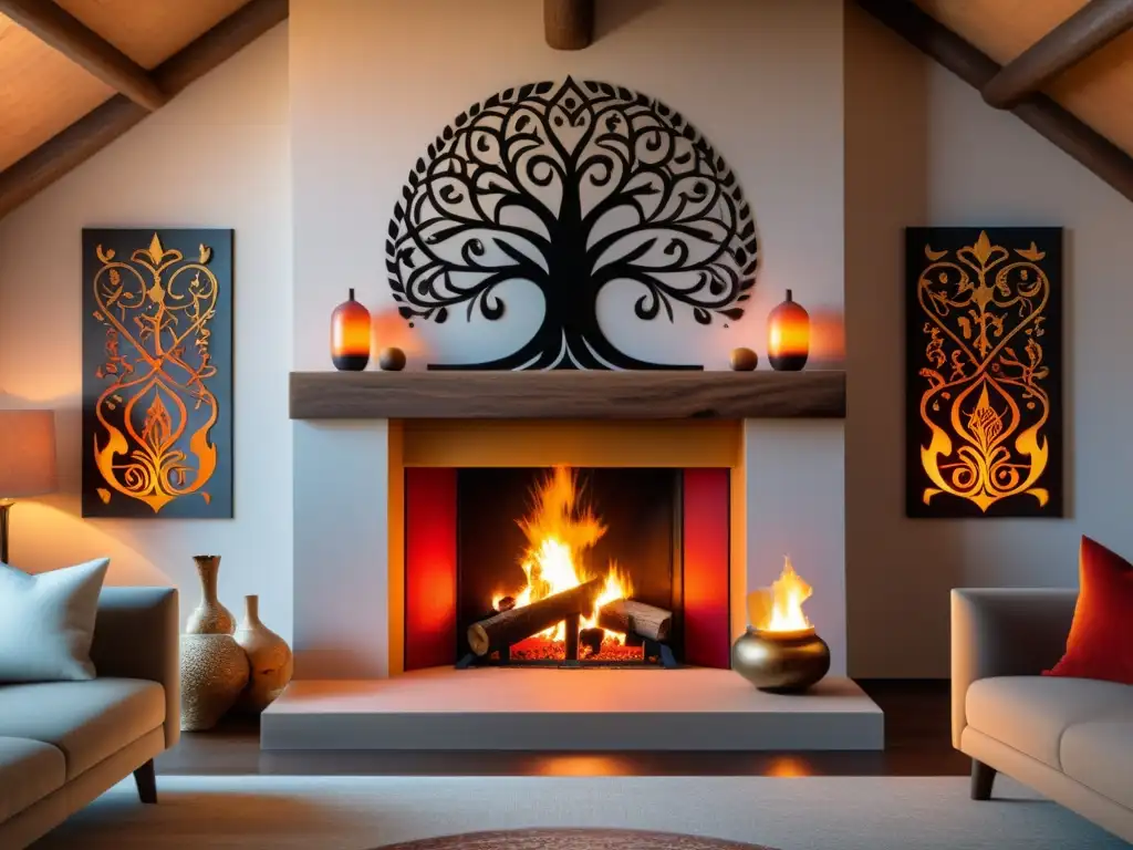 Una chimenea inspirada en mitología nórdica, con Yggdrasil y decoración vikinga, iluminando una acogedora sala con tonos cálidos y místicos