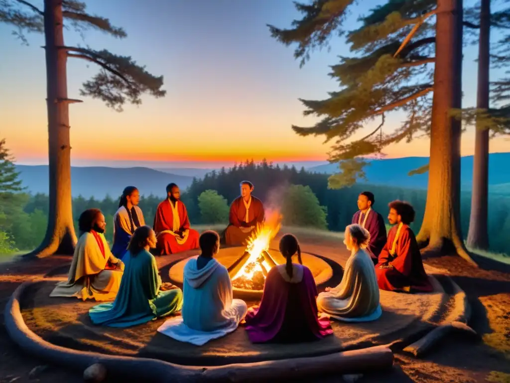 Círculo espiritual neopagano en el bosque con luz de hoguera