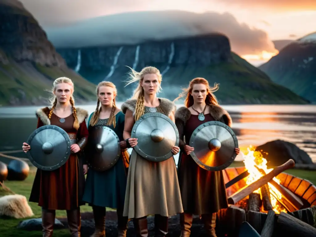 Un círculo de mujeres vikingas en un festival alrededor de una hoguera