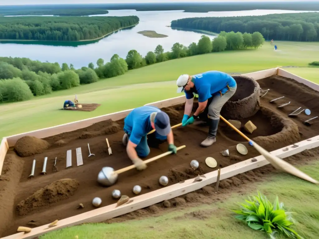 Descubre la Ciudad Comercial Vikinga: Arqueólogos excavando con detalle un sitio funerario vikingo en Birka, Suecia, junto al lago Mälaren