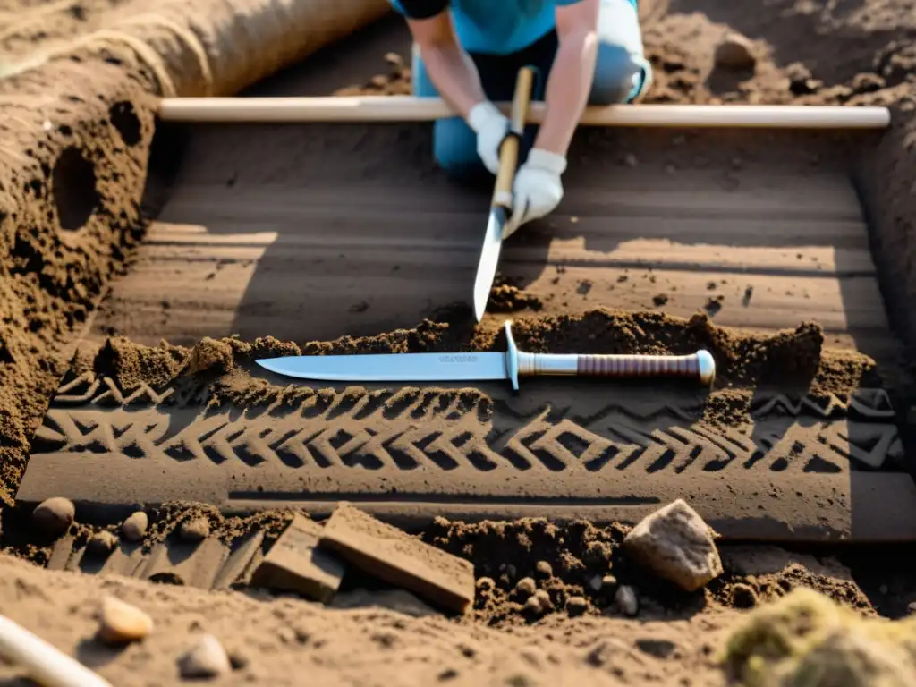 Descubre la Ciudad Comercial Vikinga en la excavación de Birka: equipo de arqueólogos desenterrando una espada vikinga con intrincados detalles