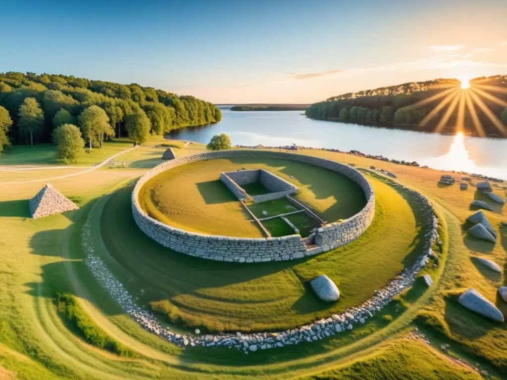 Descubre la Ciudad Comercial Vikinga en Birka, Suecia: ruinas vikingas, calles empedradas y artefactos antiguos junto al lago Mälaren al atardecer