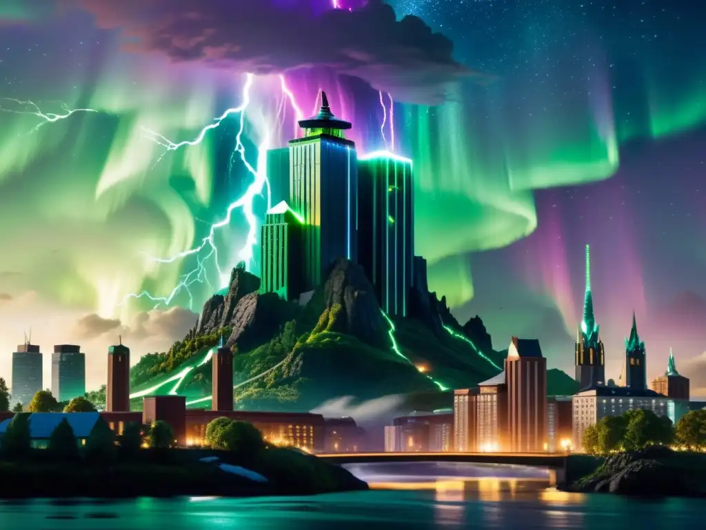 Una ciudad moderna fusionada con la mitología nórdica: rascacielos, Yggdrasil, Valkirias y Mjölnir bajo auroras boreales