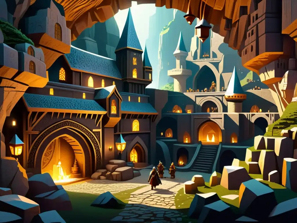 Ciudad subterránea enana: detalle y tradición en la mitología nórdica Una ciudad subterránea enana bulliciosa con detalles industriales y cristales brillantes, donde los enanos nórdicos realizan sus tareas diarias