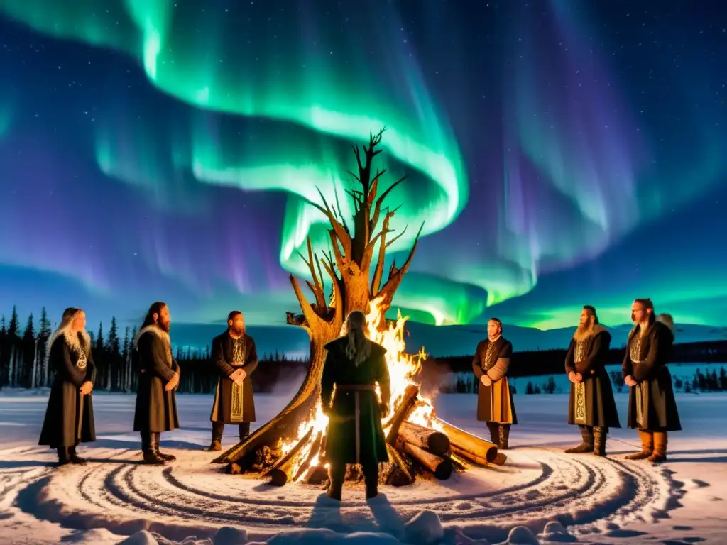 Claro del bosque con árbol nórdico iluminado por auroras boreales