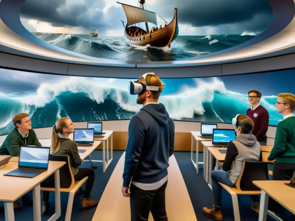 Clase moderna con estudiantes usando auriculares de realidad virtual, explorando un barco vikingo en tormenta