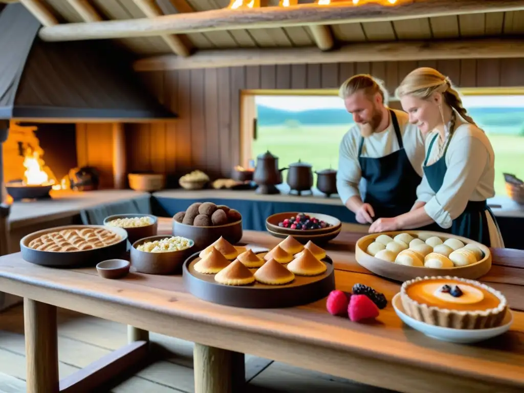 Una cocina de repostería vikinga con delicias nórdicas en una mesa de madera, cocineros y hornillo creando postres tradicionales